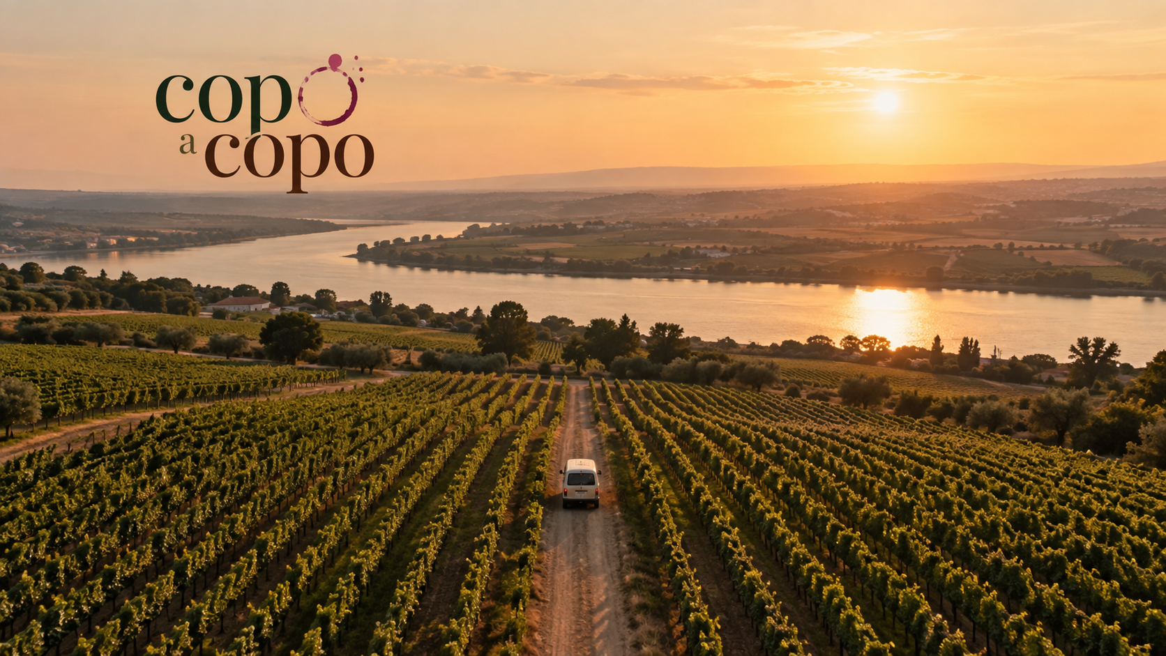 Copo a Copo: vinhas ao p&ocirc;r-do-sol junto a um rio, com uma carrinha num caminho de terra entre as fileiras
