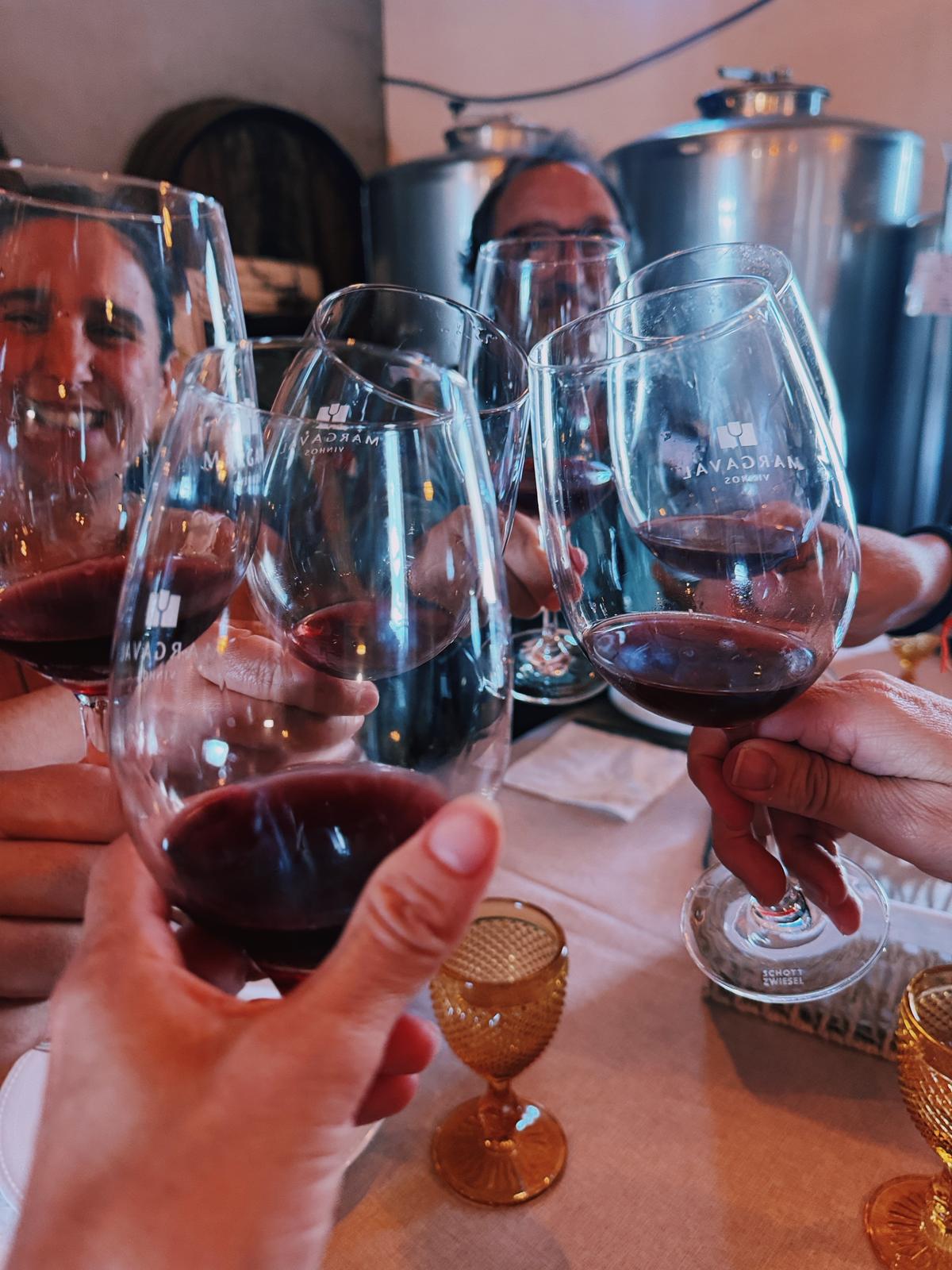 M&atilde;os a erguer copos de vinho tinto num brinde &agrave; mesa, com cubas de inox ao fundo