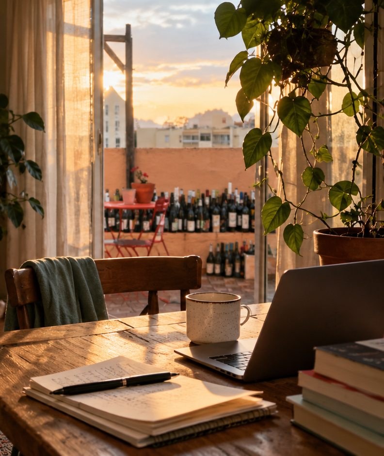 Mesa de madeira ao pôr-do-sol, junto a uma janela aberta para um terraço: um caderno escrito à mão, uma caneta, uma caneca e um portátil
