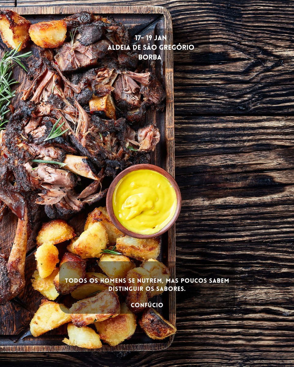 Travessa de carne assada e batatas, com o texto da edi&ccedil;&atilde;o de Aldeia de S&atilde;o Greg&oacute;rio, Borba